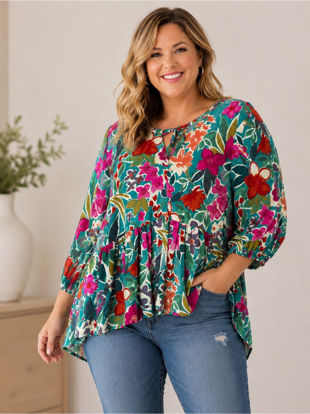 UMGEE Colorful Floral Peplum V-Neck Blouse Balloon Sleeve Women’s 1XL